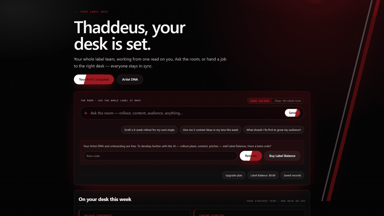 Autolabel artist dashboard with an AI prompt bar and a team of strategy desks